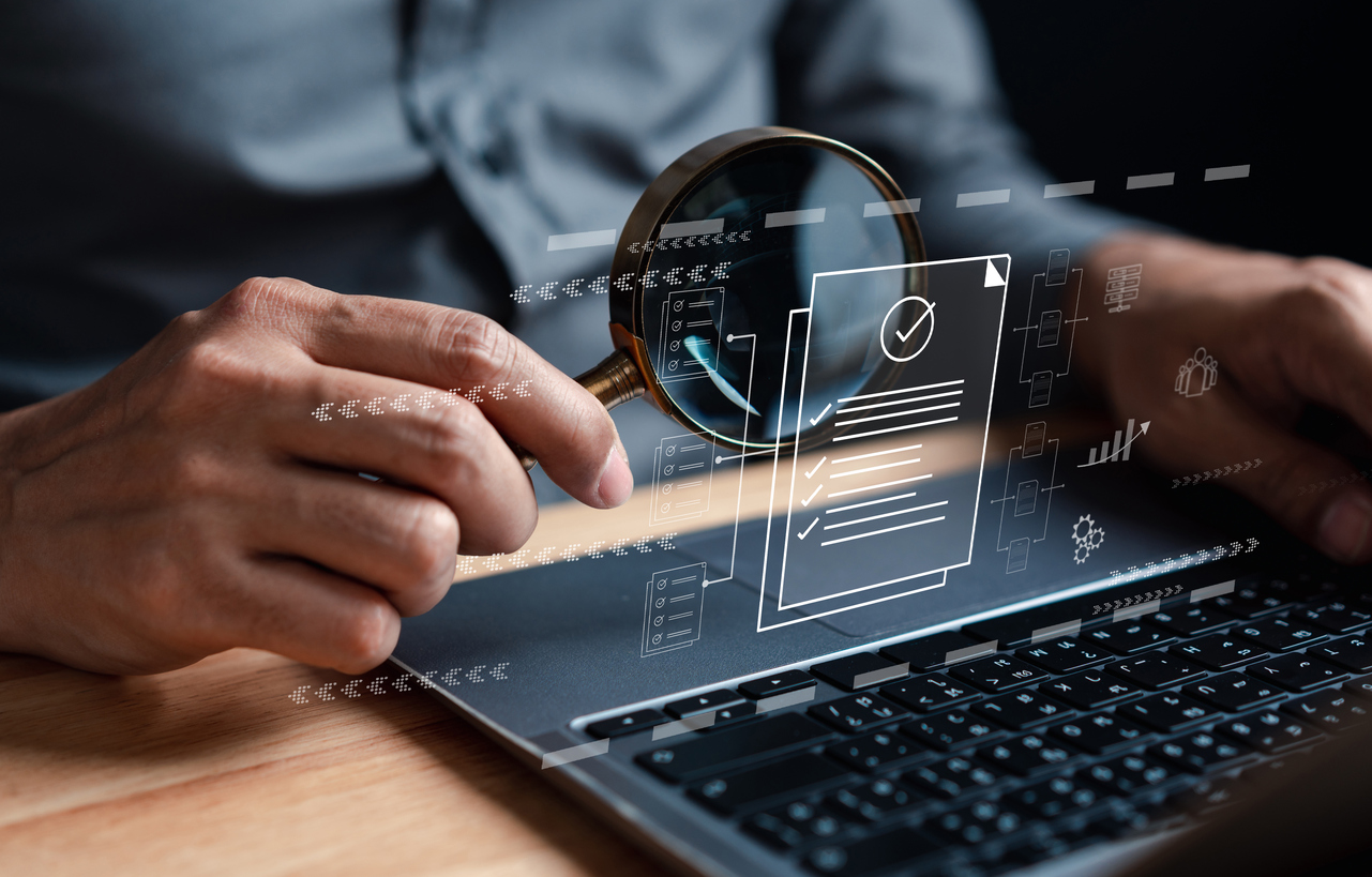 Businessman Inspecting Paperwork Document of Business Data Analysis working Management report with KPI and metrics connected to database. Corporate strategy for finance, operations, sales, marketing. businesman inspecting an orphaned client's portfolio