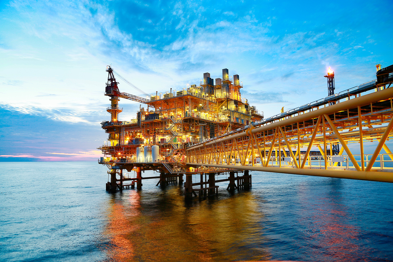 Offshore construction platform for production oil and gas. Oil and gas industry and hard work. Production platform and operation process by manual and auto function from control room. oil rig qrops pensions